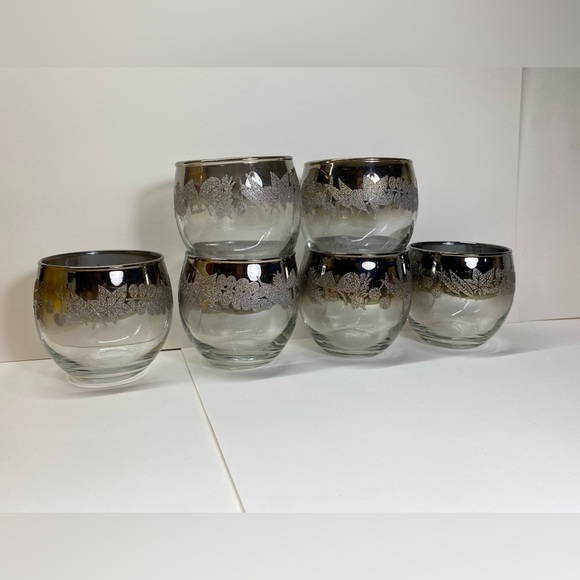 Vintage/MCM Roly Poly barware glasses black ombré embossed with silver foliage - Picture 5 of 8